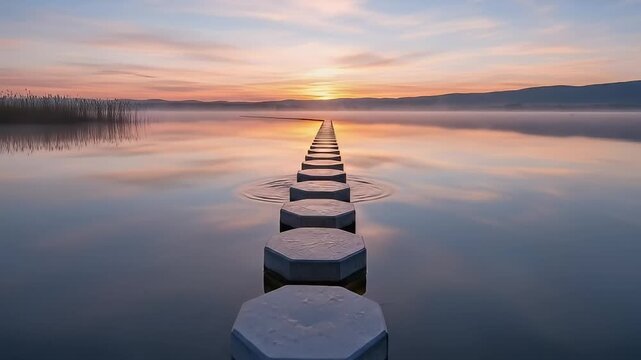 A tranquil scene unfolds as hexagonal stepping stones create a distinct path across calm, reflective water. The soft hues of a breathtaking sunrise or sunset paint the sky, casting warm orange, pink, 