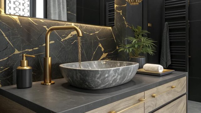 Luxurious modern bathroom interior featuring a black marble wall with gold veins and a stylish stone vessel sink