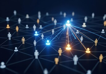 Abstract glowing network of interconnected human figures representing global connections and data flow
