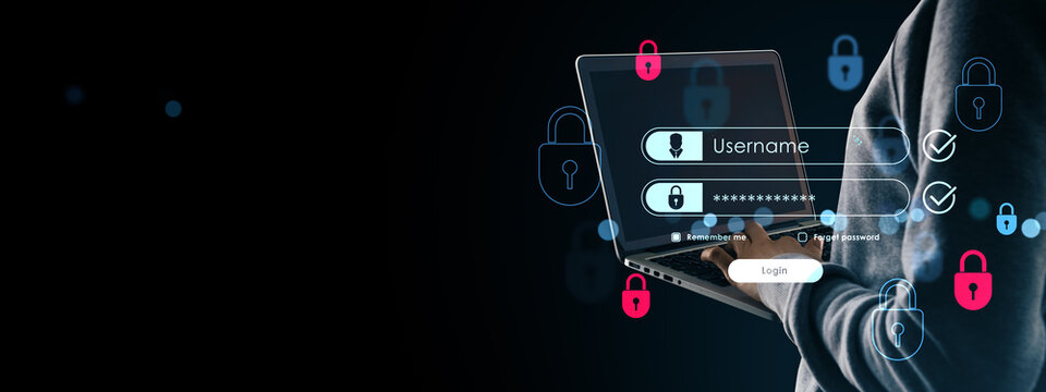 User login interface on laptop screen with secure password entry and neon padlock icons on modern dark abstract background concept.