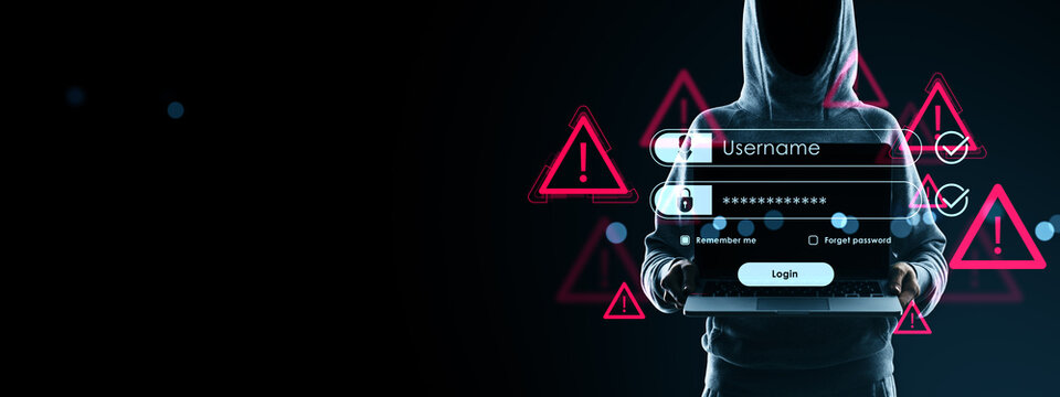 Hacker holding laptop with login screen and warning icons on dark digital background representing cybercrime threat and online security breach concept.