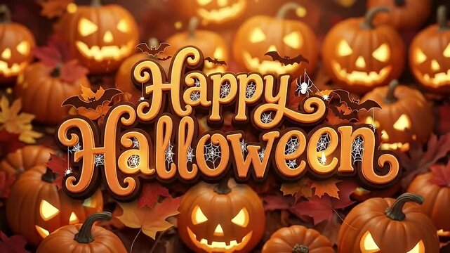 A vibrant and festive autumnal scene featuring a prominent "Happy Halloween" message rendered in a playful, textured orange and brown font, adorned with subtle spiderwebs, bats, and spiders. The backg
