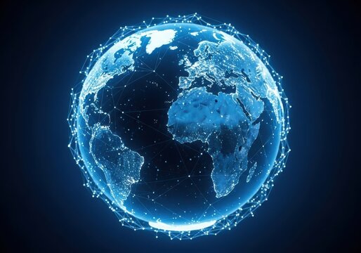 Futuristic glowing blue earth orb with digital network overlay on dark background