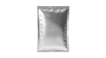 Blank silver foil stand-up pouch with sealed edges, ideal for product packaging, displaying an empty metallic doypack on a clean white background, ready for custom branding and labeling