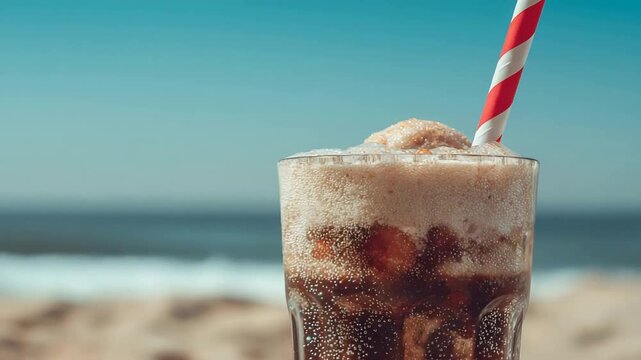 Refreshing Soda Float with Striped Straw on a Sunny Beach Background.