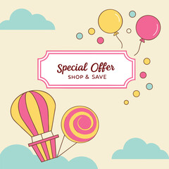 Naklejka premium Whimsical hot air balloons and balloons announce special offer and savings