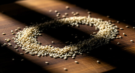 sesame seeds scattered on cutting board, focusing on random pattern and texture contrast with wood grain, dramatic diagonal lighting creating long shadows