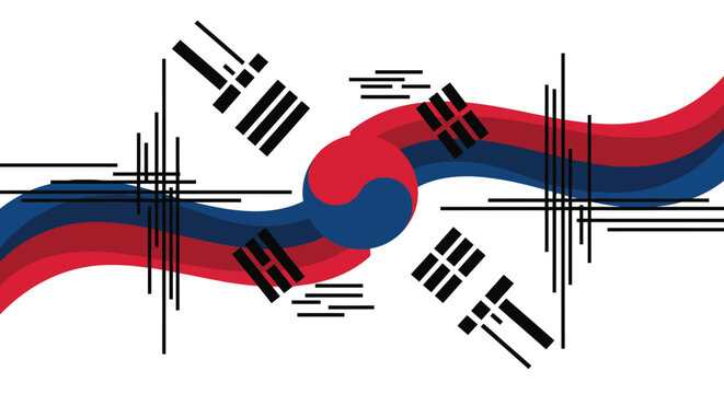 A creative vector background based on the South Korean flag (Taegeukgi), featuring a stylized Taegeuk circle and the four trigrams (Gwae) integrated into a modern, abstract design with wavy lines.