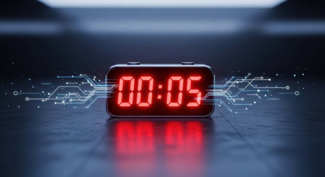 Digital countdown timer displaying 00:05, surrounded by glowing blue circuit lines on a dark, reflective futuristic background, symbolizing technology, speed, and precision
