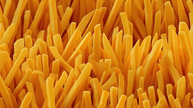 Close up view of many yellow French fries forming a textured background. Detailed potato chip snack for fast food menu design. Crispy fried food concept.