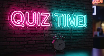 Quiz Time! Vibrant Neon Sign and Retro Alarm Clock on a Dark Brick Wall