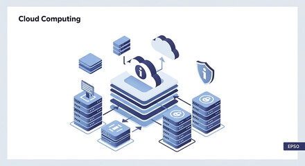 Isometric cloud computing illustration with servers data storage and network