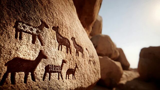 Ancient Petroglyphs Carved in Rock Show Animals in a Sunlit Desert Landscape.