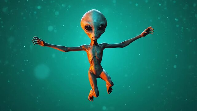 Animated grey alien character floating peacefully in a serene green environment