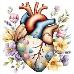 Human heart illustration adorned with pastel Easter eggs and floral accents for a unique medical design