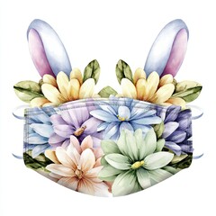 Illustration of a pastel floral medical mask with bunny ears for an Easter theme in the medical field