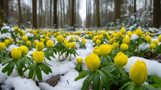Vibrant yellow winter aconite flowers bloom in a snowy forest.