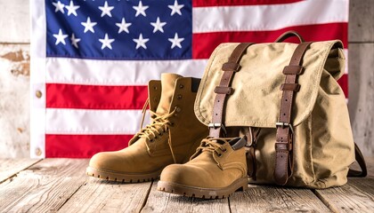 American Military Boots and Backpack with Flag.