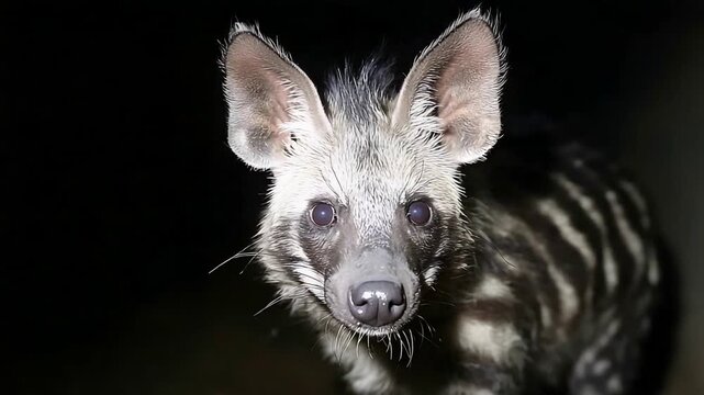 Close up portrait of a striped hyena at night in the dark wilderness.