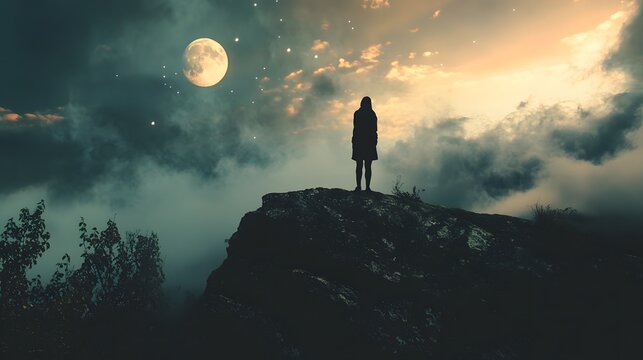 A lone figure stands on a clifftop, silhouetted against a dramatic sky with a full moon and stars. - Powered by Adobe