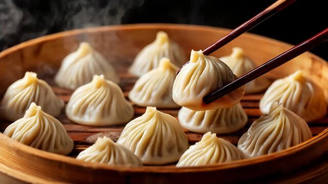 Steaming Hot Soup Dumplings Being Picked Up With Chopsticks From Bamboo Steamer.