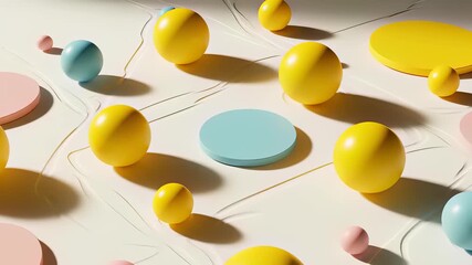 Colorful medley of differently colored balls and circles occupies a white surface, featuring vibrant yellow accents, inviting buyers to visualize creative concepts and playful ideas.