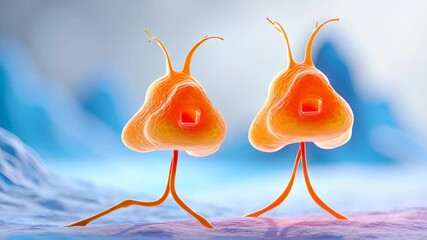 Two orange cellular microscopic organisms walking tissue surface depression diabetes risk surreal medical scene evoking awareness