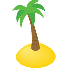 Fototapeta premium Cartoon Palm Tree on Sandy Island with Green Fronds and Brown Trunk Against White Background Represents Tropical Escape and Summer Vacation