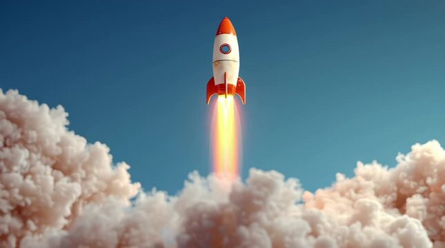 3D Rocket Emoji Taking Off and Launching with Flames and Smoke on Light Blue Background