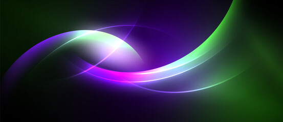 Abstract swirls, vibrant colors blend. Purple, green, white create luminous effect. Dark background emphasizes flowing shapes.