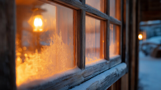 Close-up of alpine chalet window frame with frost patterns, warm interior light glowing behind glass