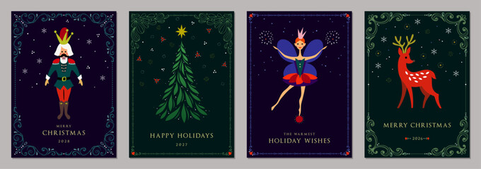 Obraz premium Christmas vector templates. Elegant Holiday cards with decorative Christmas Tree, Nutcracker, ballerina, snowflakes, reindeer and ornate frames with copy space and greetings.