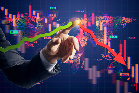 Businessman's hand touching chart peak with rising and falling stock trend lines over digital world map background showing financial market concept. - Powered by Adobe