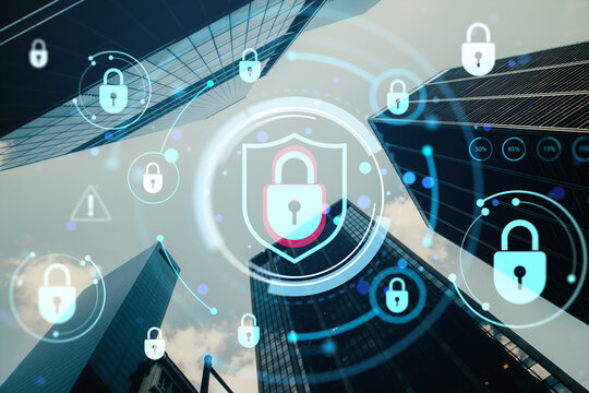 Cybersecurity padlock icons over city skyscrapers illustrating digital data protection, privacy, and secure network systems in modern business environments.