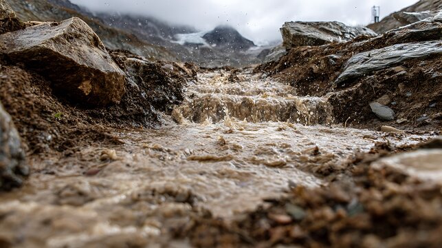 A rushing stream of muddy water cascades down a rocky slope, with snowcapped mountains visible in the distance under a cloudy sky - Powered by Adobe