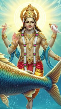 Lord Vishnu in his divine form with the Matsya avatar, a vibrant depiction of Hindu mythology and spirituality.