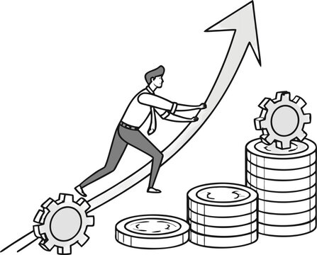 Man pushing arrow upward with gears and coins representing growth and financial progress visual concept