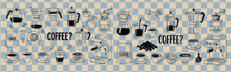 Handdrawn coffee illustration showcases various brewing methods and coffee beans on a checkered background