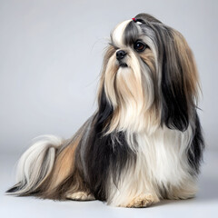 A small, charming Lhasa Apso with long flowing fur and an alert.