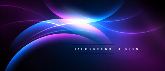Abstract background features flowing curves, vibrant purple, blue hues. Bright light radiates from center, creating dynamic visual effect.