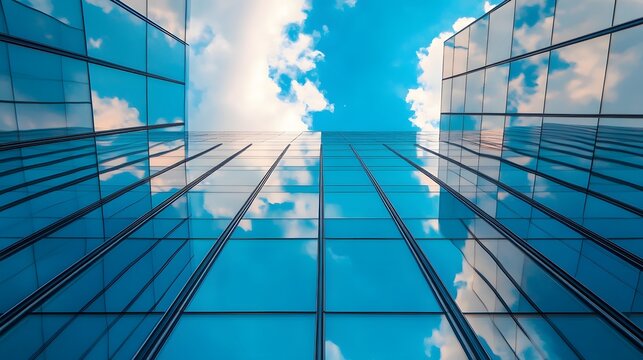 A low angle view of a modern glass building with a clear blue sky and white clouds reflected in the windows.