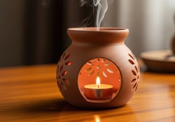 Aroma lamp with burning candle and smoke, creating relaxing mood