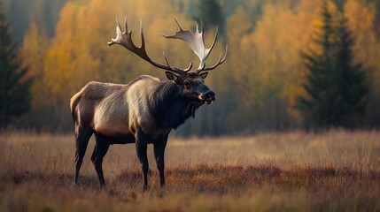 A majestic elk stands in a field with a backdrop of autumn trees.