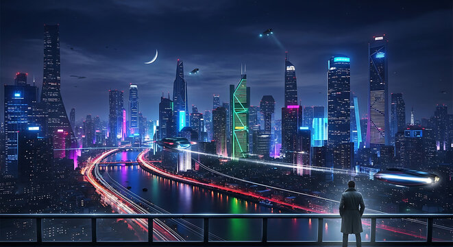 Futuristic city lights shine on lone observer