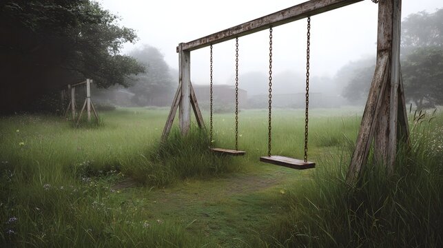 A rusty abandoned swingset sits in an overgrown foggy park evoking a sense of nostalgia and desolation