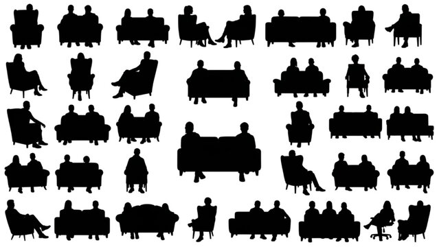 Collection of silhouetted people sitting on sofas and chairs in various arrangements