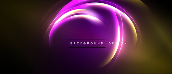 Abstract neon circles, vibrant purple hues, golden glow. Dark background creates dramatic visual impact. Modern design element.