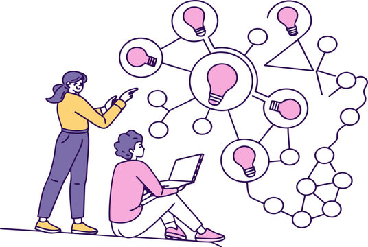 People collaborating on ideas represented by lightbulbs connected in a network diagram illustration
