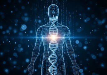 Digital human body with dna strand and binary code against a dark blue background with bokeh effect