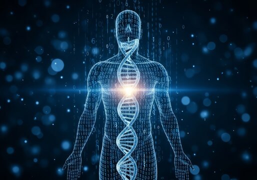 Digital human body with dna strand and binary code against a dark blue background with bokeh effect